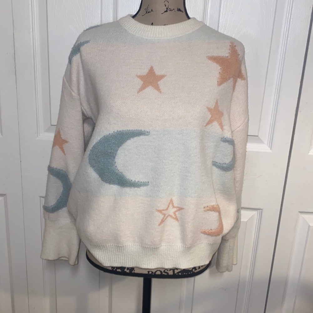 Stars & moons, cutesy pink, blue & cream, soft sweater / size small/ oversized